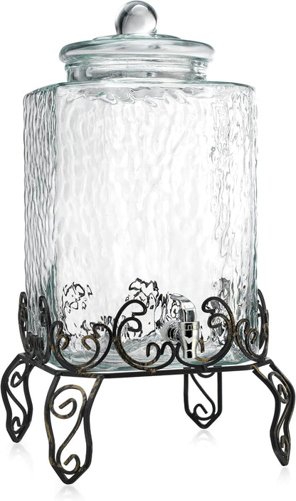 3 Gallon Glass Drink Dispenser with Metal Stand & Lid – Hammered Beverage Dispenser with Leakproof Spigot, Wide Mouth for Easy Fill – Ideal for Parties, Lemonade, Iced Tea, Sangria & More
