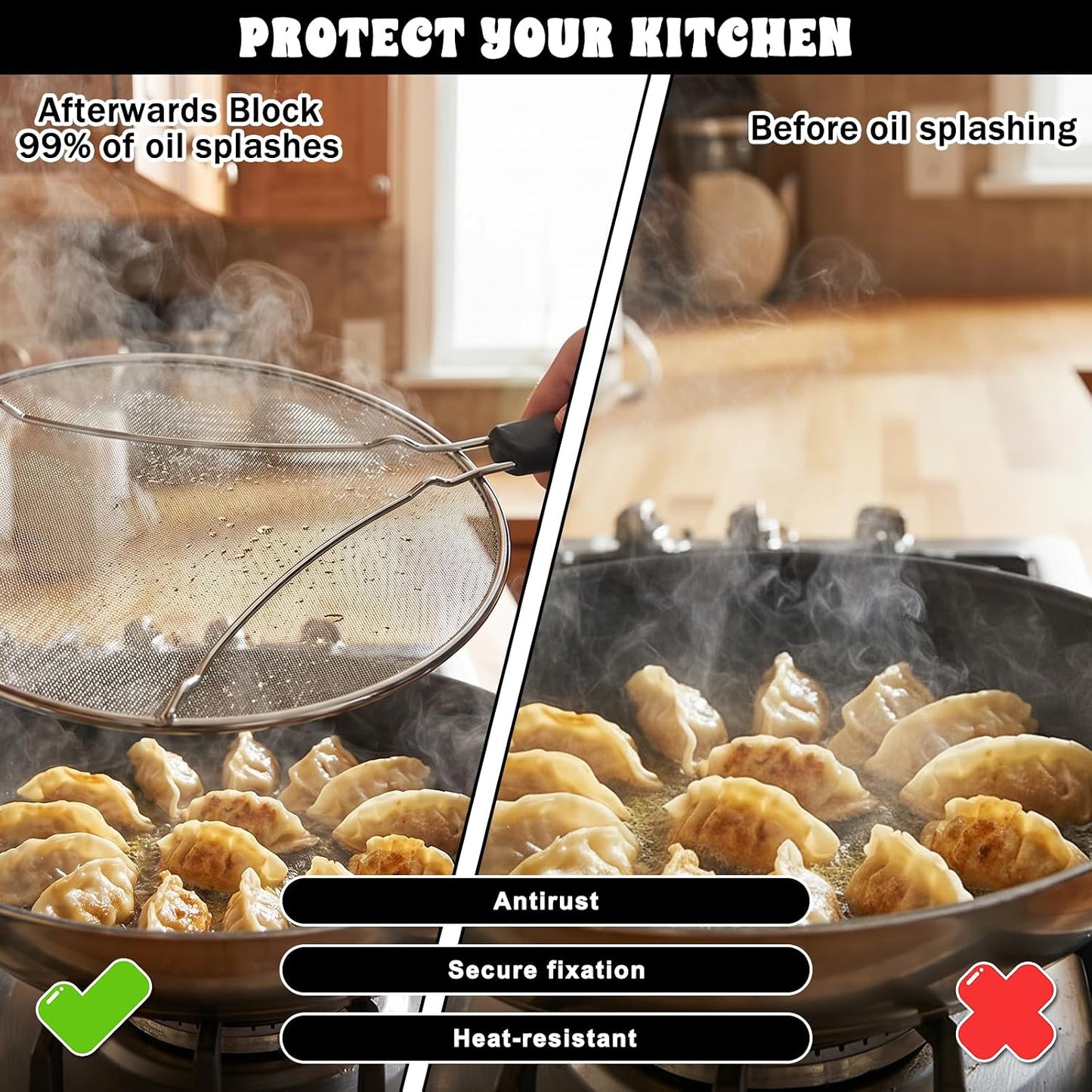 Splatter Screen, 10’’ Stainless Steel Splatter Guard for Frying Pan Grease Splatters Guard with Grip Handle Fine Mesh Oil Splash Screen Pan Cover When Sizzling Bacon, Cooking Fried Chicken or Popcorn