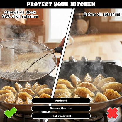 Splatter Screen, 10’’ Stainless Steel Splatter Guard for Frying Pan Grease Splatters Guard with Grip Handle Fine Mesh Oil Splash Screen Pan Cover When Sizzling Bacon, Cooking Fried Chicken or Popcorn