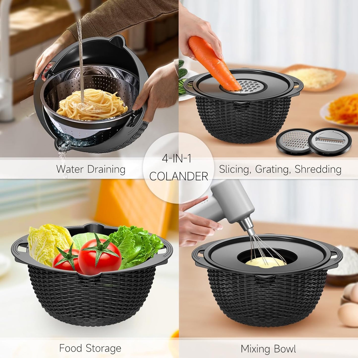 4-1 Colander with Bowl & Spoons Set - Rotatable Colander for kitchen with New Upgraded Graters, Food Strainer(Patented) for Pasta, Fruits, Vegetables, Funny Presents for Women, Beige