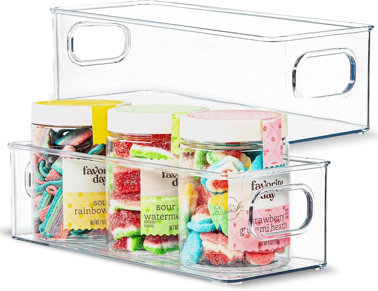Plastic Food Storage 4 Pack Clear Container Bin with Handles for Organizing Kitchen, Pantry, Refrigerator, Freezer, Pantry, Cabinet, Closet, Bathroom. Stackable 10”x6”x3”