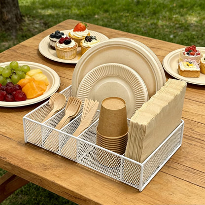 Paper Plate Organizer for Countertop - Metal Utensil Caddy Silverware Holder Cutlery Flatware Plastic Spoon Fork Plates Napkins Cup Storage Dispenser Party Picnic Essentials Camping Supplies