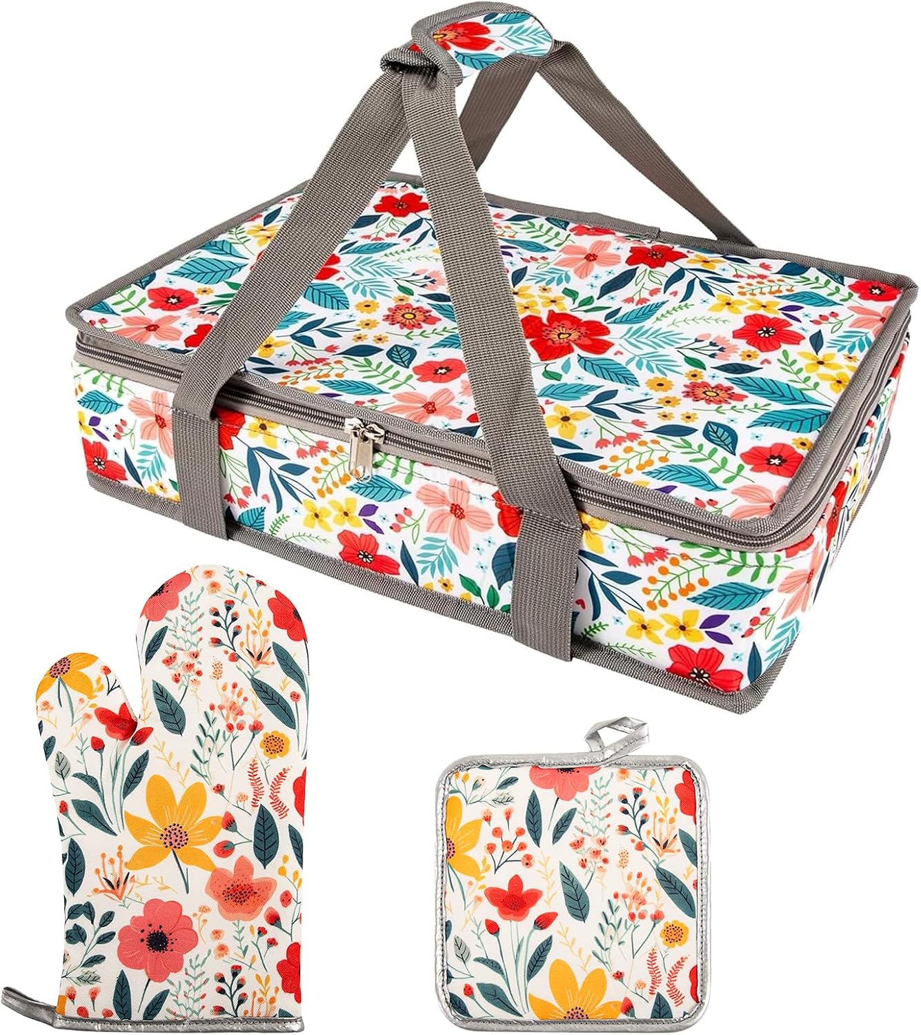 Pioneer Woman Style Insulated Casserole Carrier for Hot or Cold Food, Fits 9x13 Baking Dish,Floral Thermal Lasagna Lugger Tote with Oven Mitts and Pot Holders Set,Gift for Women, Mother's Day.3 PCS