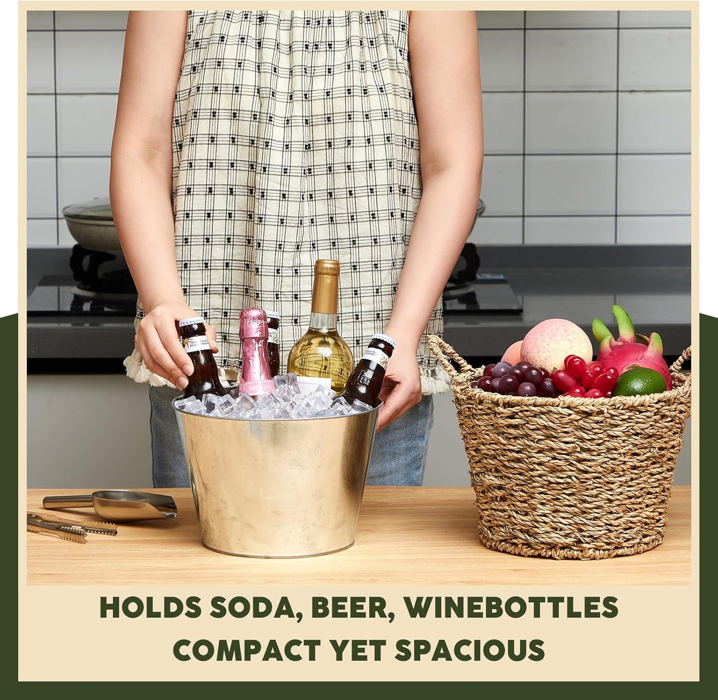 5 Quart Ice Bucket with Wicker Outer Basket, Scoop, Tong and Handle, Beverage Tub Grass Rope Woven Farmhouse Galvanized Bucket for Party Seaside Bar Buffet Wine Beer Bottle