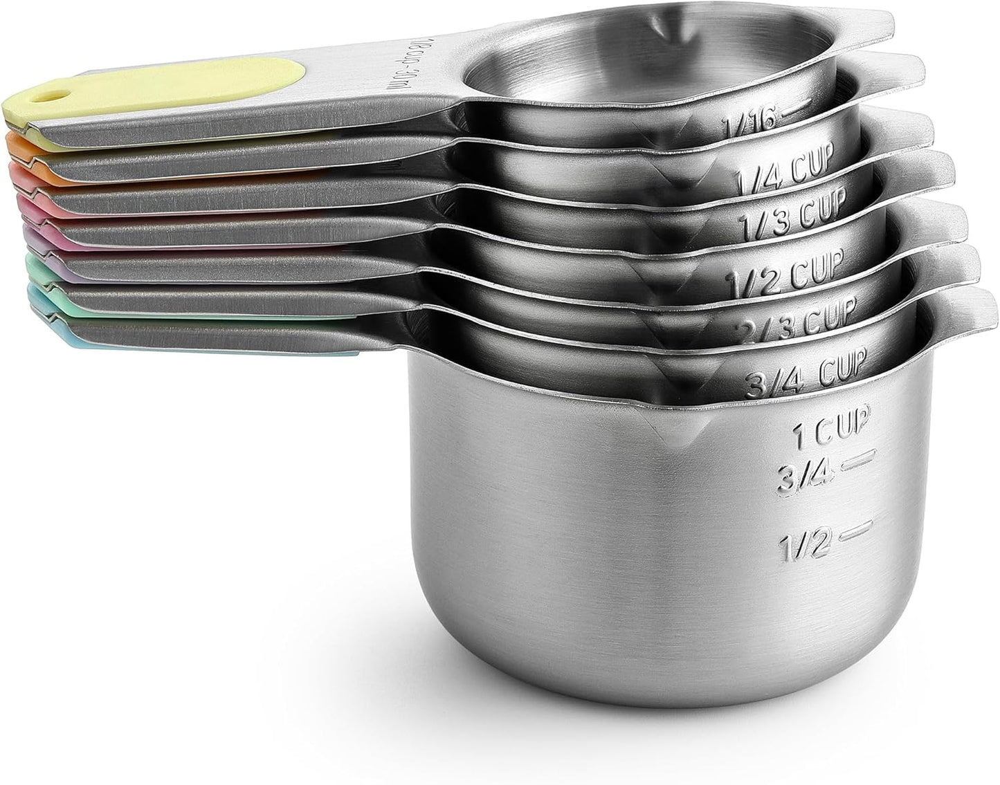 Spring Chef Stainless Steel Measuring Cups Set of 7 with Pour Spout - Nesting Kitchen Tools with Easy Read Markings to Measure Dry or Liquid Ingredients - Metal Measuring Cups for Baking & Cooking