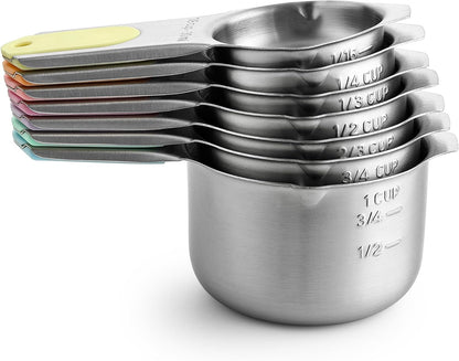 Spring Chef Stainless Steel Measuring Cups Set of 7 with Pour Spout - Nesting Kitchen Tools with Easy Read Markings to Measure Dry or Liquid Ingredients - Metal Measuring Cups for Baking & Cooking