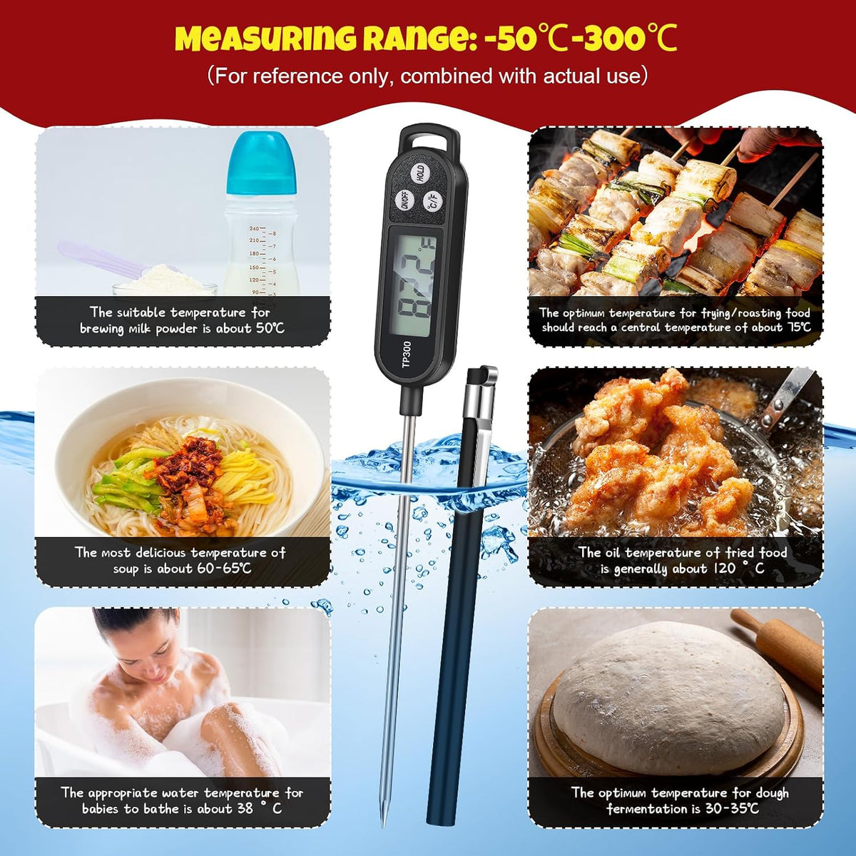 Copkim Instant Read Meat Thermometer Long Probe,Black, White, Red
