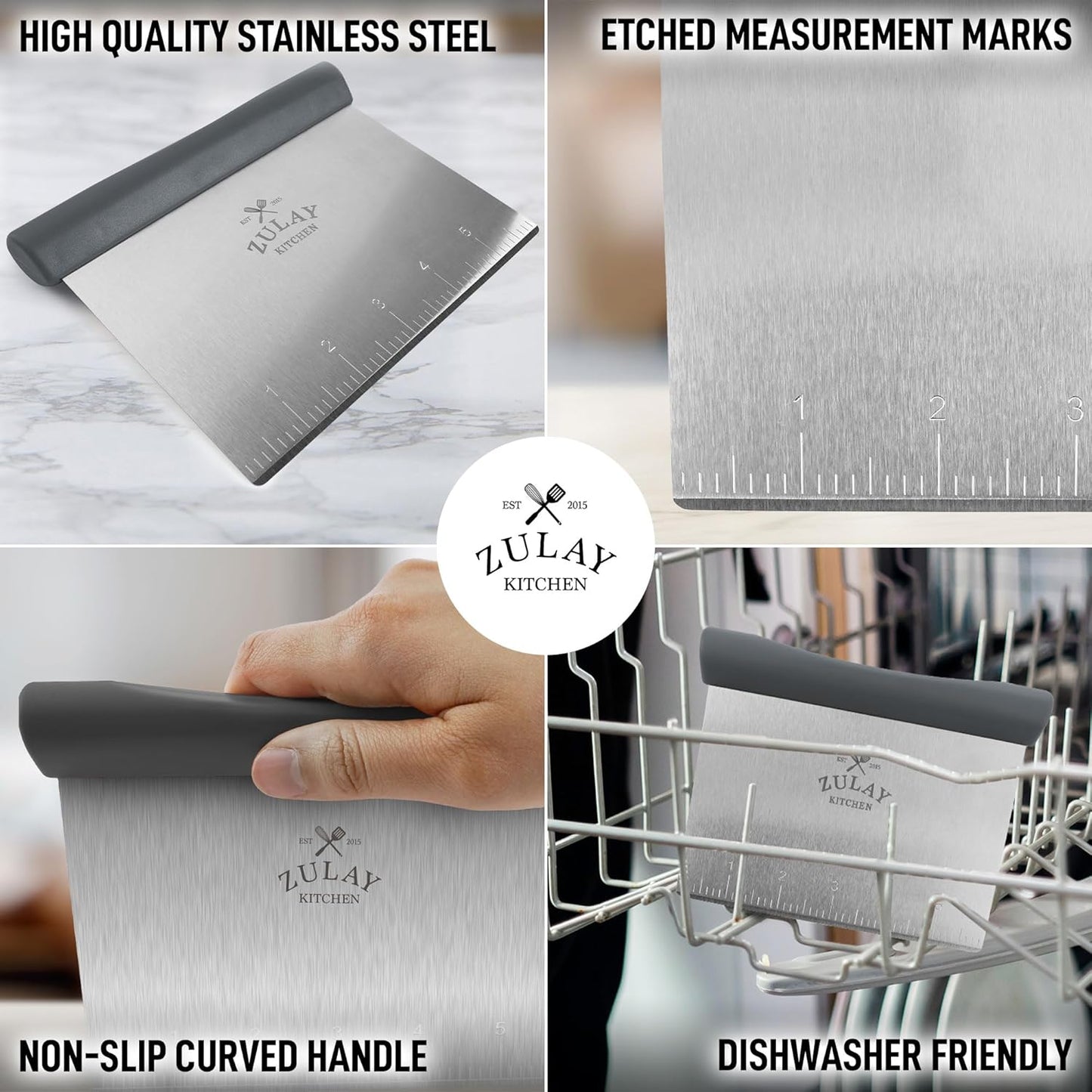 Zulay Premium Multi-purpose Stainless Steel Bench Scraper & Chopper, Easy to Read Etched Markings for Perfect Cuts, Quick & Easy Multi-use Dough Scraper, Dough Cutter & Pastry Scraper (Black)