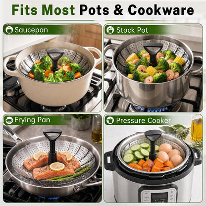 Steamer Basket for Pot, Stainless Steel Vegetable Steamer Basket for Cooking with Folding Expandable Design and Extendable Handle, Fits Various Size Pots, 5.1–9 Inch