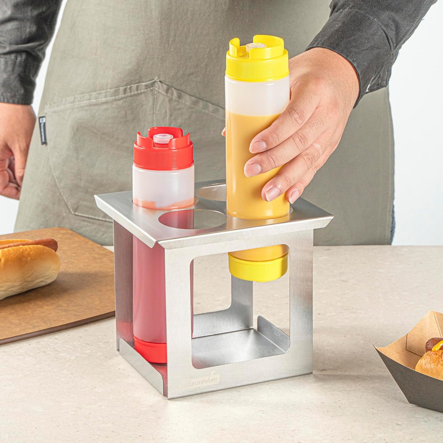Restaurantware Stainless Steel Bottle Organizer - 1 Count - 6.299 x 7.087 x 0.394 Inches - Dishwasher-Friendly Condiment Holder - Kitchen Bottle Rack - Space-Saving Design - Silver