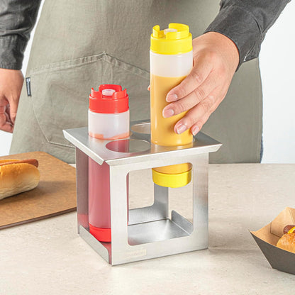 Restaurantware Stainless Steel Bottle Organizer - 1 Count - 6.299 x 7.087 x 0.394 Inches - Dishwasher-Friendly Condiment Holder - Kitchen Bottle Rack - Space-Saving Design - Silver