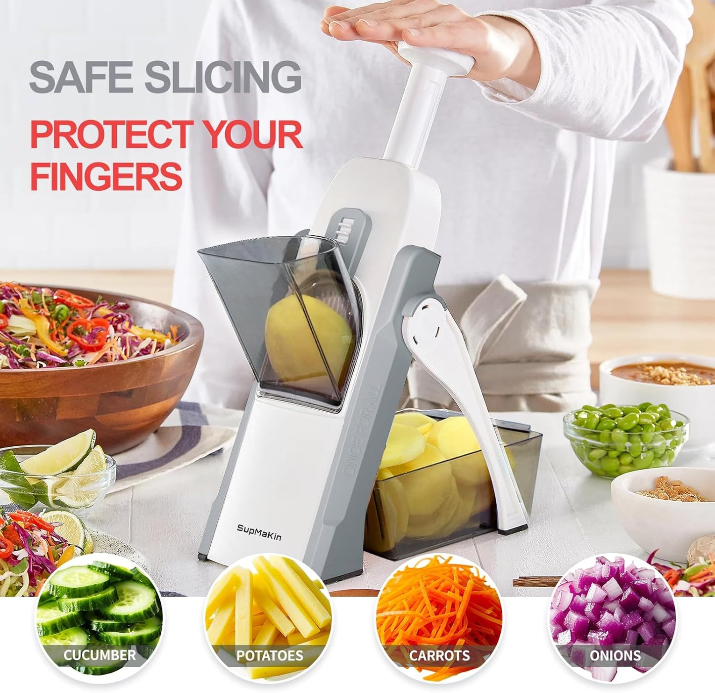SUPMAKIN Safe Mandoline Slicer, Adjustable Vegetable Food Slicer and Chopper, Potato Fries Fry Cutter, Veggie Salad Chopper, New Kitchen Chopping Artifact Gifts 2026 (SliverGray)