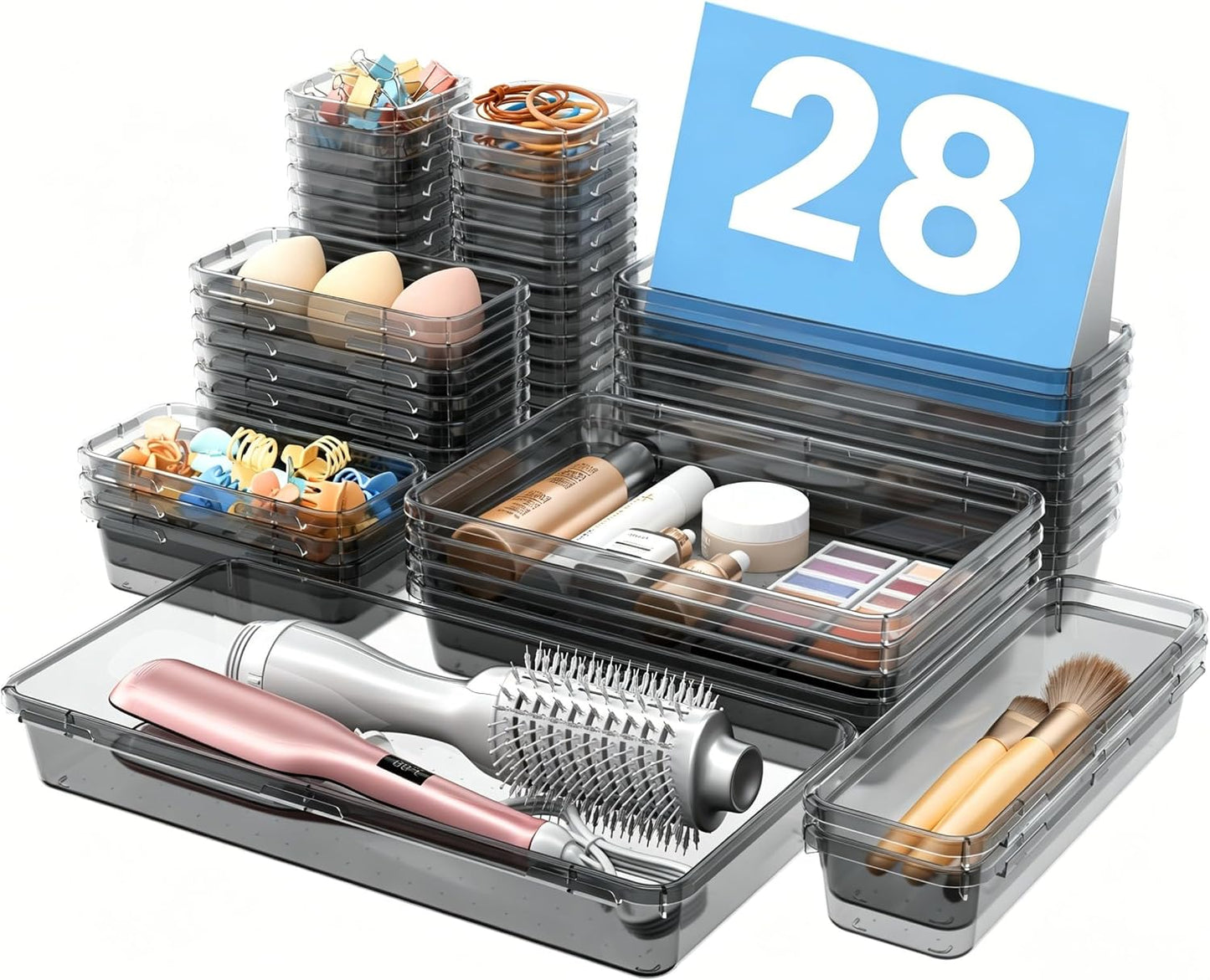 A-LuGei 【Military Grade】 Drawer Organizer,【𝟱𝗦𝗶𝘇𝗲】 Makeup organizer,【Holds 177 Items】 Bathroom Organizers and Storage,Organization and Storage,Desk Drawer Organizer for Vanity【Clear】