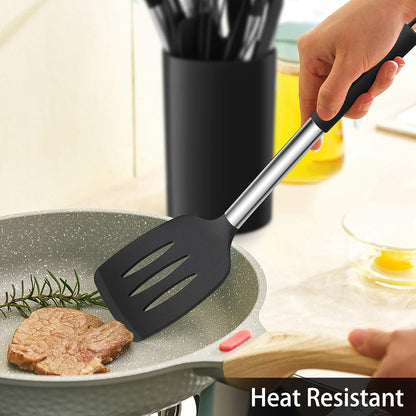 LIANYU 15 Pcs Kitchen Cooking Utensils Set with Holder, Silicone Kitchen Tools with Stainless Steel Handle, Heat Resistant Gadgets, Brush Spatula Spoon Whisk for Cookware, Dishwasher Safe, Khaki