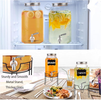 1.5 Gallon Glass Beverage Dispenser with Stand and Lid for Parties,Glass Drink Dispenser with Stainless Steel Leakproof Spigot,Mason Jar Drink Dispensers with Lids for Lemonade,Juice,Water