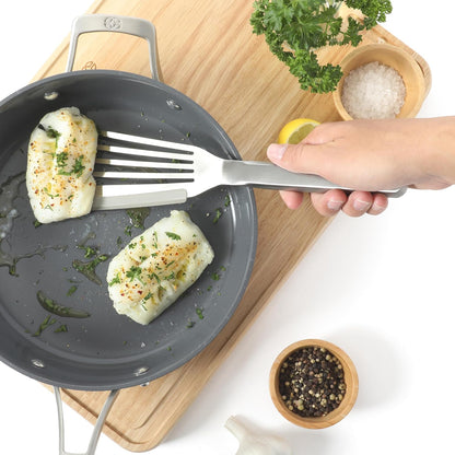 Calphalon Slotted Turner, Kitchen Flipping Spatula, Slotted Spatula, Stainless Steel Turner with Silicone Heat Resistance Handle, Nonstick-Safe Spatula for Draining and Flipping (Navy)