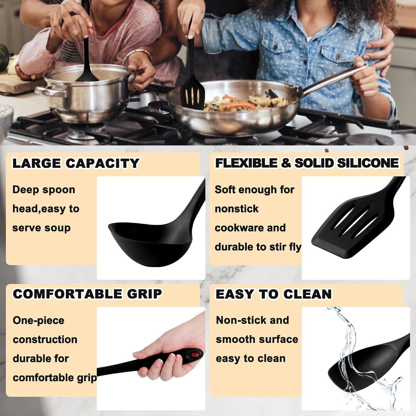 E-far 10 Pieces Silicone Cooking Utensils Set, Heat Resistant Kitchen Utensil Set for Nonstick Cookware, Kitchen Cooking Tools with Spatula, Spoon, Slotted Turner, Non-Toxic & Dishwasher Safe (Khaki)