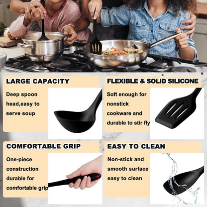 E-far 10 Pieces Silicone Cooking Utensils Set, Heat Resistant Kitchen Utensil Set for Nonstick Cookware, Kitchen Cooking Tools with Spatula, Spoon, Slotted Turner, Non-Toxic & Dishwasher Safe (Khaki)
