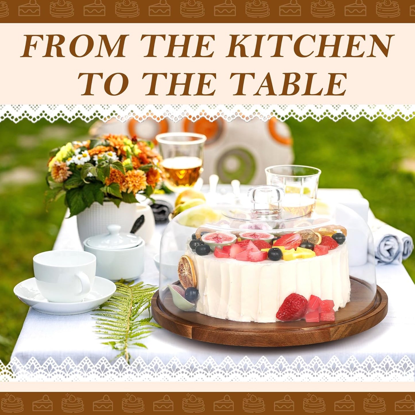 Bellsal Cake Stand with Dome Lid, 12in Acacia Wood Cake Plate with Cover, Wooden Cake Display Stand with Acrylic Dome, Cake Decorating for Baking Gift