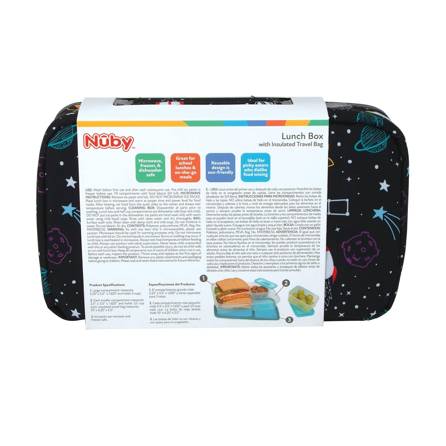 Nuby Lunchbox with Insulated Travel Bag - Bento Lunch Box - 3+ Years - Stars - Back to School Essentials