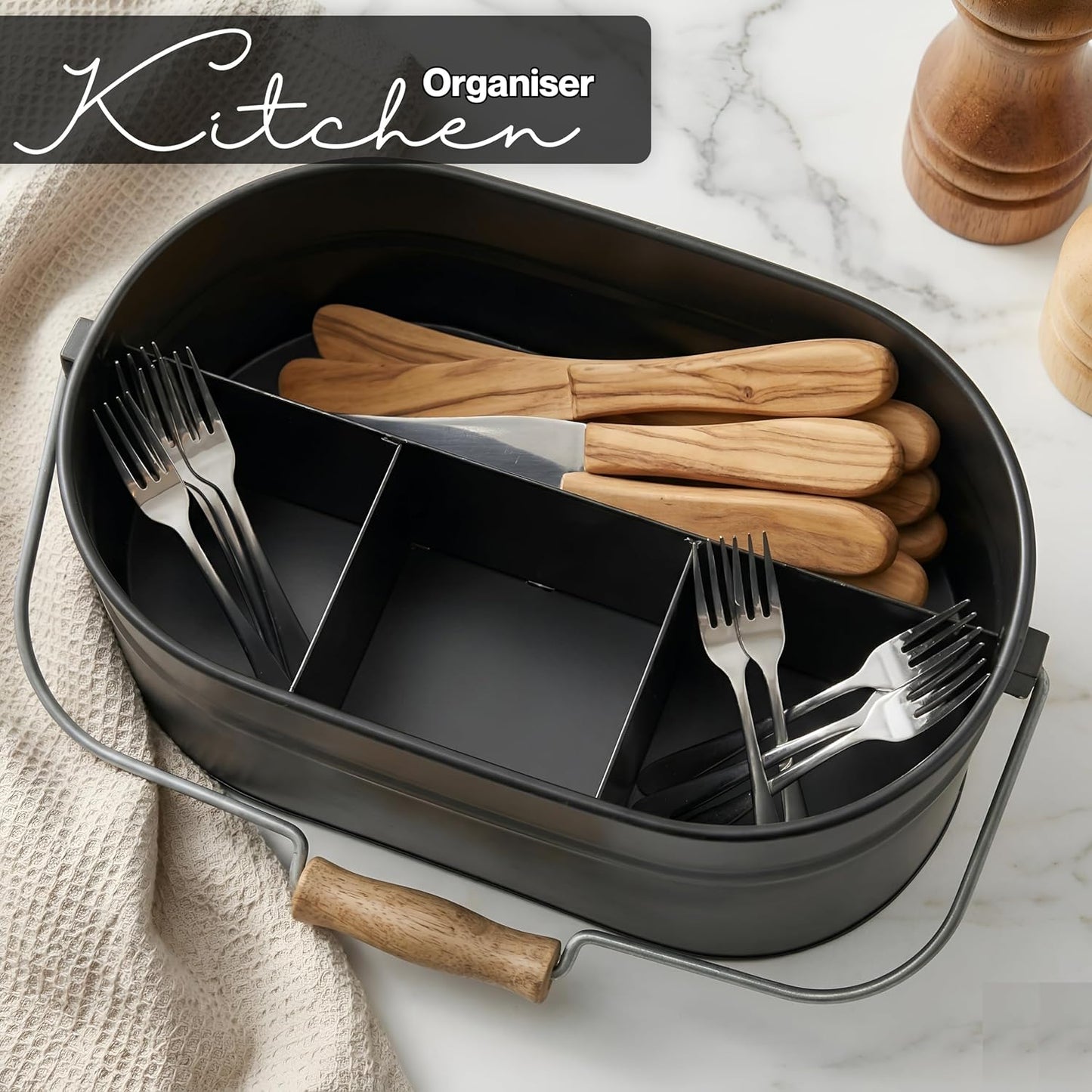 Alpha Living Home Galvanized Metal Utensil Caddy - Rustic Farmhouse Organizer Metal Garden Caddy with 4 Compartments and Wooden Handle for Kitchen, Buffet & Outdoor Events (Silver)