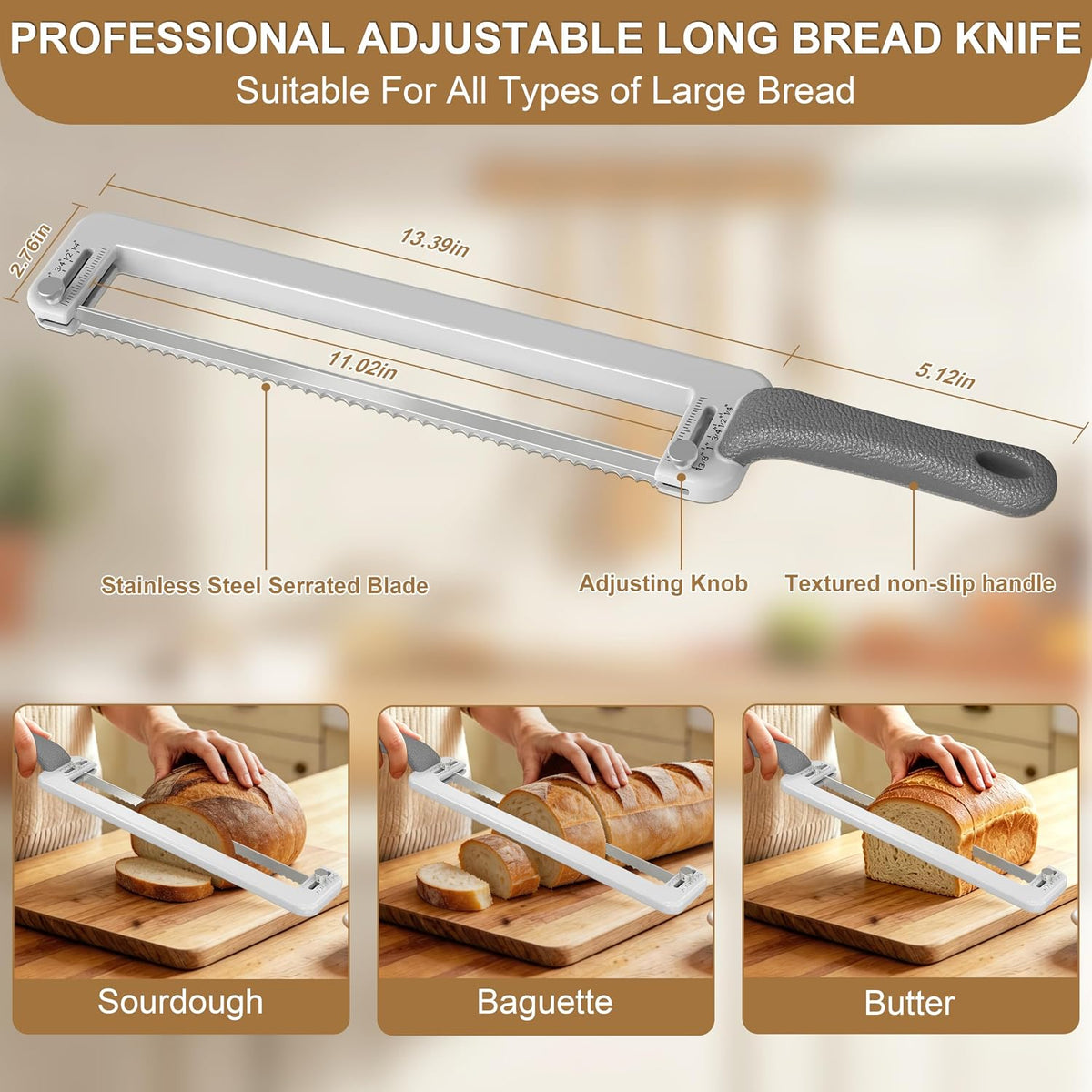 Sourdough Bread Knife for Homemade Bread: 11" Adjustable Bread Slicer