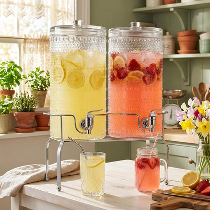 2 Gallon Glass Drink Dispenser, hobnail Drink Dispensers for Parties, Beverage Dispenser with Stand and Glass Lid, 100% Leakproof Spigot, Ideal for Lemonade, Juice,