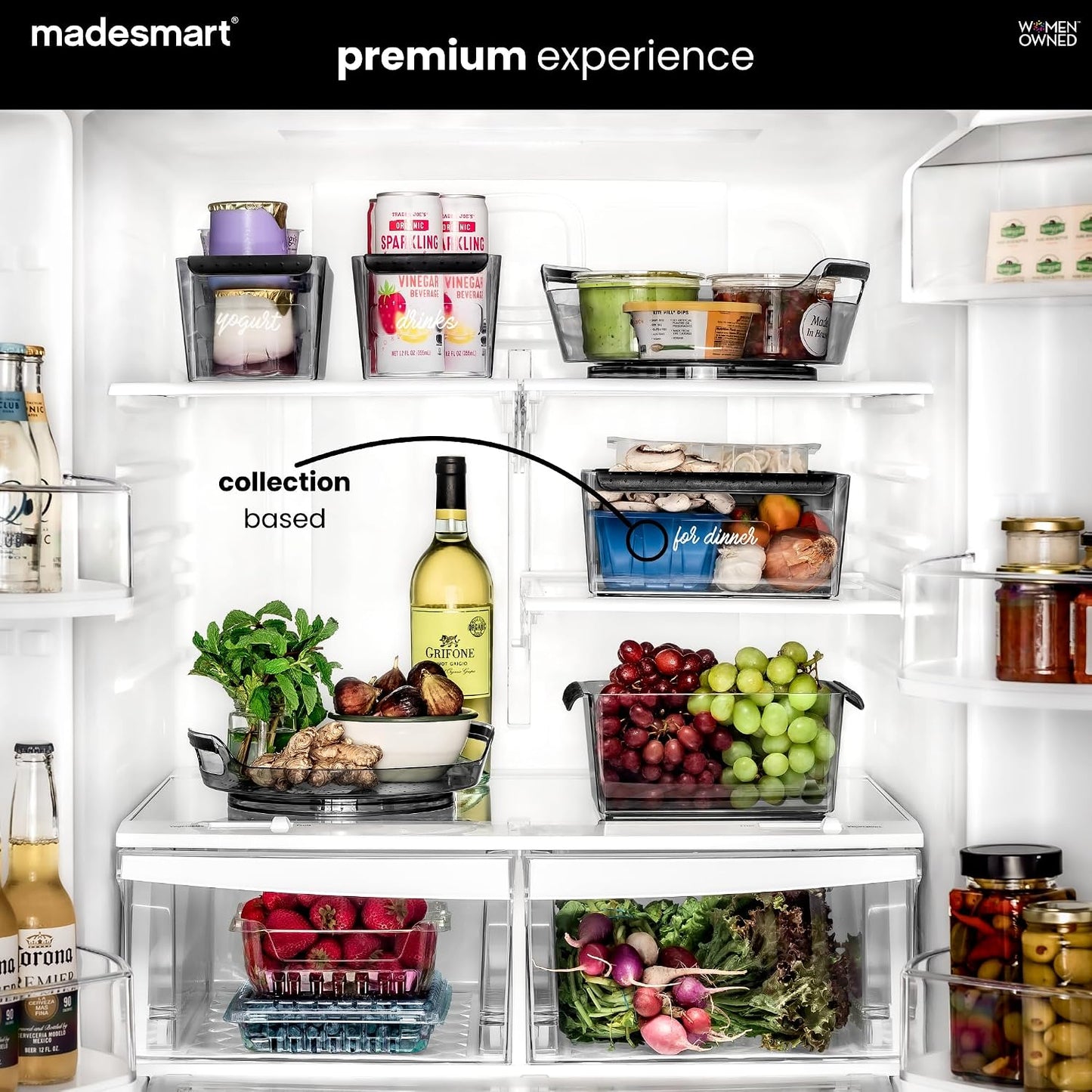 madesmart Fridge Portable Tote, Condiment Caddy with 2 Compartments, Pop-Up Handle & Non-Slip Base, Refrigerator Organizer for Sauces, Jars & Small Items, Clear