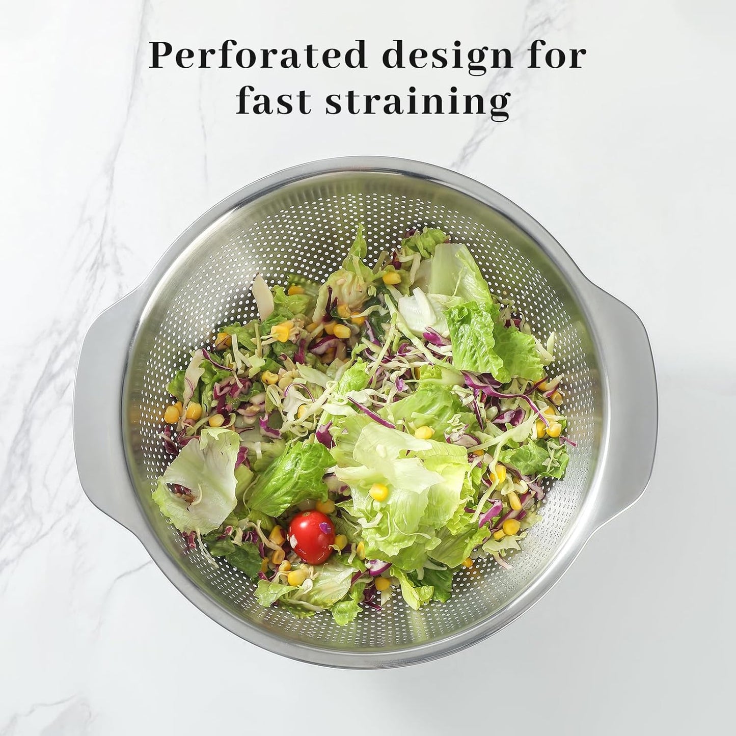 18/8 Stainless Steel Microwell Colander, 3.5QT Large Capacity with Handle Kitchen Food Strainer Basket for Washing Vegetables, Fruits, Rice, and Pasta (primary colour, 3.5QTColander+3.5QT Mixing bowl)