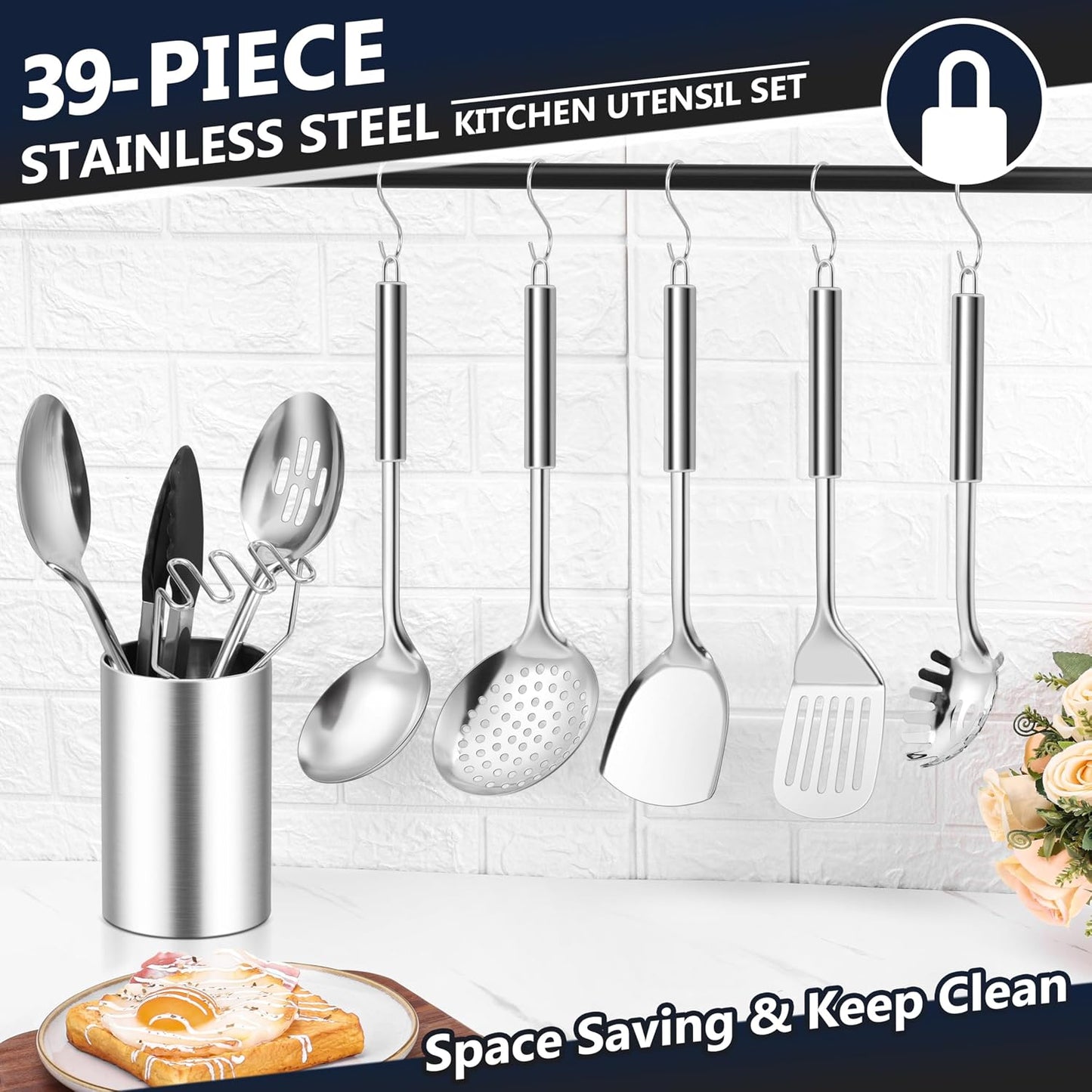 E-far Cooking Utensils Set, 10-Piece Stainless Steel Kitchen Utensils with Holder, Metal Heat Resistant Kitchen Cookware Tool Spatula Set for Cooking, Easy Clean & Dishwasher Safe