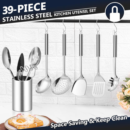 E-far Cooking Utensils Set, 10-Piece Stainless Steel Kitchen Utensils with Holder, Metal Heat Resistant Kitchen Cookware Tool Spatula Set for Cooking, Easy Clean & Dishwasher Safe