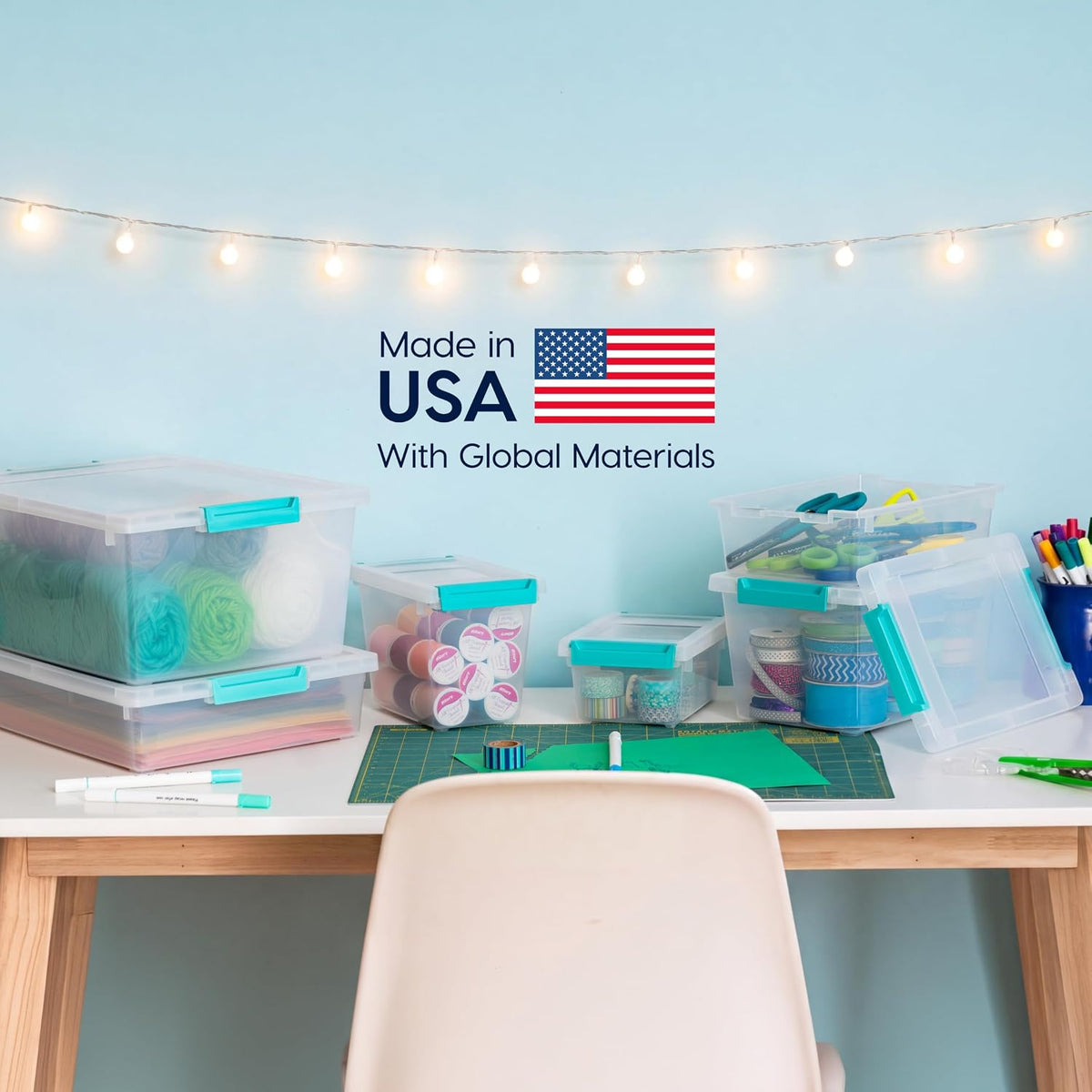 IRIS USA 12 Qt. Craft Storage Bins with Lids, 4-Pack, |Made in USA|, Clip Box, Medium Plastic Sensory Bin Tote Organizer Containers for Art Supplies, Paper, & Office, Stackable - Clear/Seafoam Blue