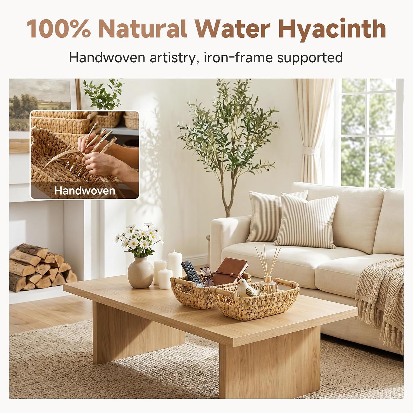 StorageWorks Hand-Woven Storage Baskets with Wooden Handles, Water Hyacinth Wicker Baskets for Organizing, 2 Pack