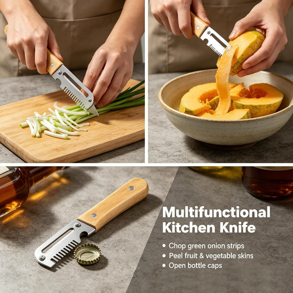 Premium Wooden Handle Multi-Purpose Vegetable Peeler, Stainless Steel Julienne Slicer & Bottle Opener, Ergonomic Kitchen Tool for Fruits, Potatoes and Carrots(2*PCS)