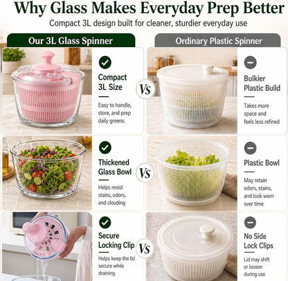 Glass Salad Spinner 3.2 Qt, Small Salad Spinner with Glass Bowl Removable Lid for Easy Cleaning Dishwasher Safe Glass Bowl Vegetable and Fruit Washer Dryer with Drain Spout Crank Handle White