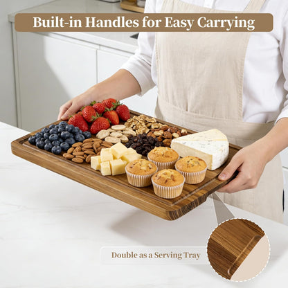 Teak Cutting Board Set for Kitchen - 3 PCS Solid Teak Wood Chopping Board with Holder & Juice Groove, Hardwood Cutting Boards for Meat, Fish, Vegetables, Fruits (Small, Medium, Large)
