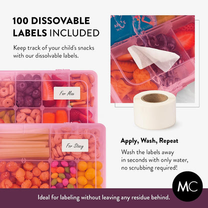 Large Kids Snack Box Containers Set of 2 -100 Labels, BPA-Free, Adjustable Compartments, Dishwasher Safe, Reusable Tray, Food Grade, Meal Prep Container, PARENT TESTED PARENT APPROVED AWARD (Clear)