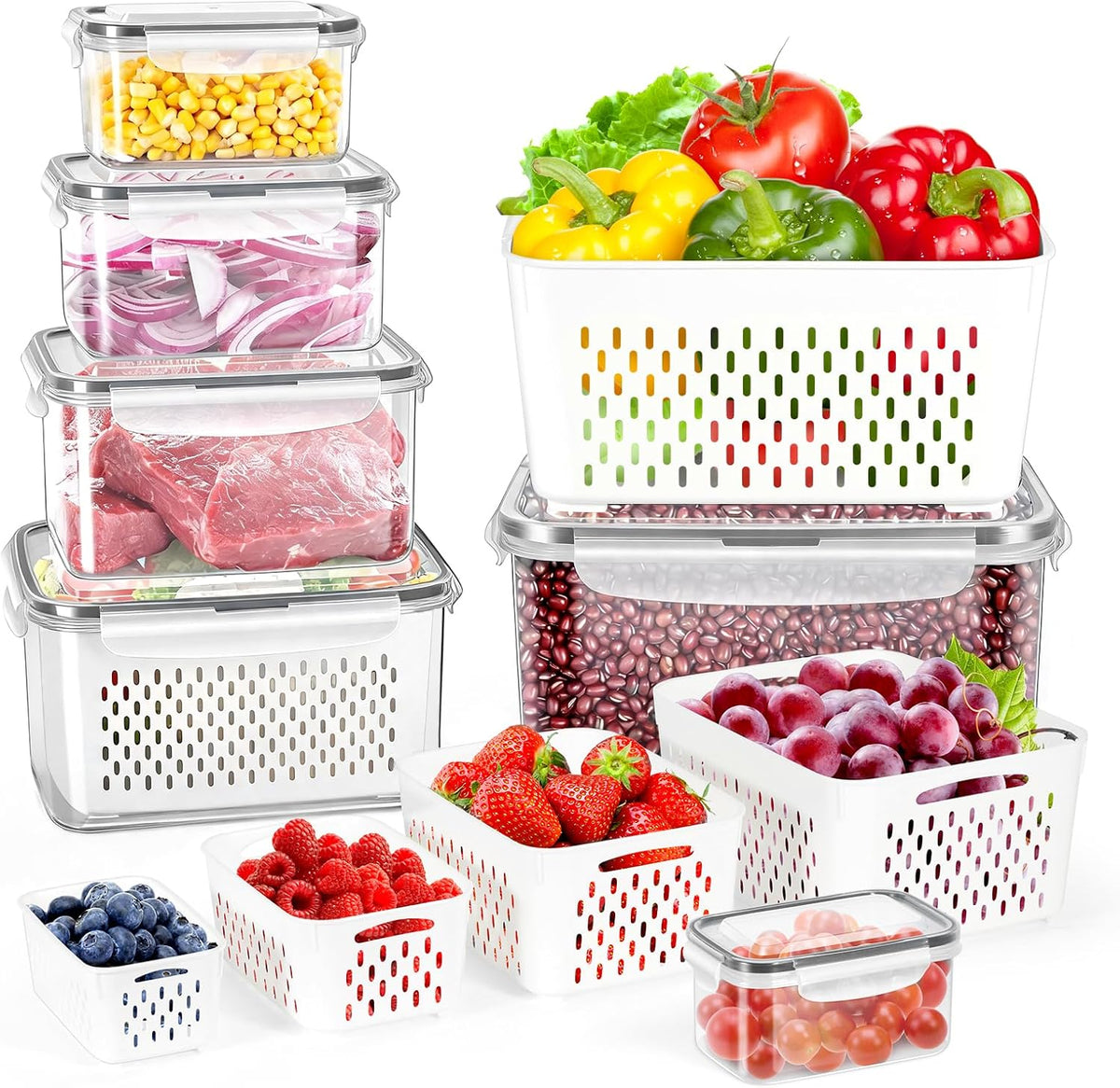 12 Pieces Fruit Storage Containers For Fridge with Removable Colanders