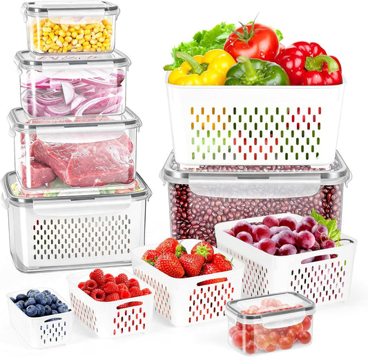 12 Pieces Fruit Storage Containers For Fridge with Removable Colanders