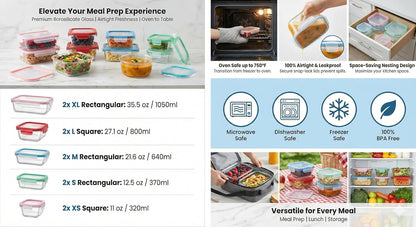 20 Pc Glass Food Storage Containers with Snap Lock Lids, Airtight & Leakproof, Bonus 2 Oven Silicone Gloves, Safe for Dishwasher, Oven, Microwave,Freezer, BPA Free
