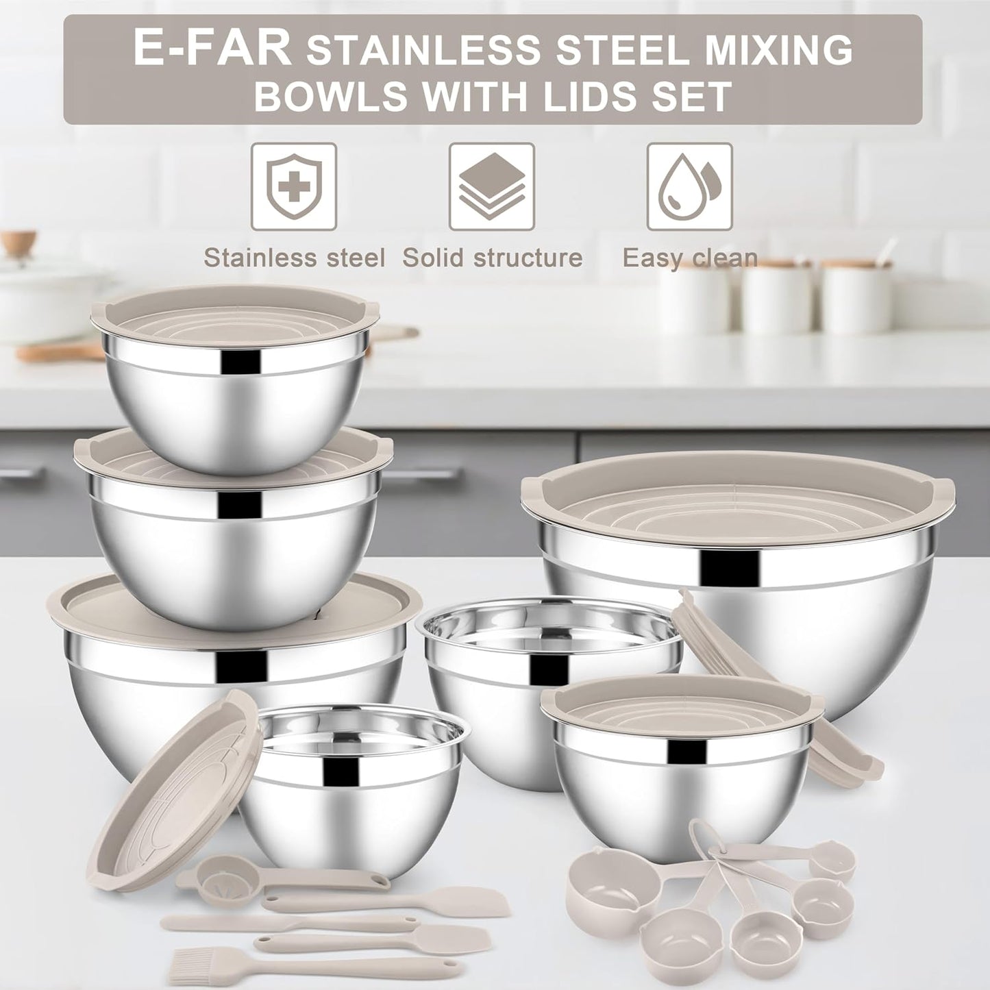 E-far Stainless Steel Mixing Bowls with Lids Set, 5-Piece Nesting Salad Bowls with 3 Grater Attachments and Non-Slip Bottoms, Size 4.6, 2.6, 2, 1.5, 1QT for Kitchen (Khaki)
