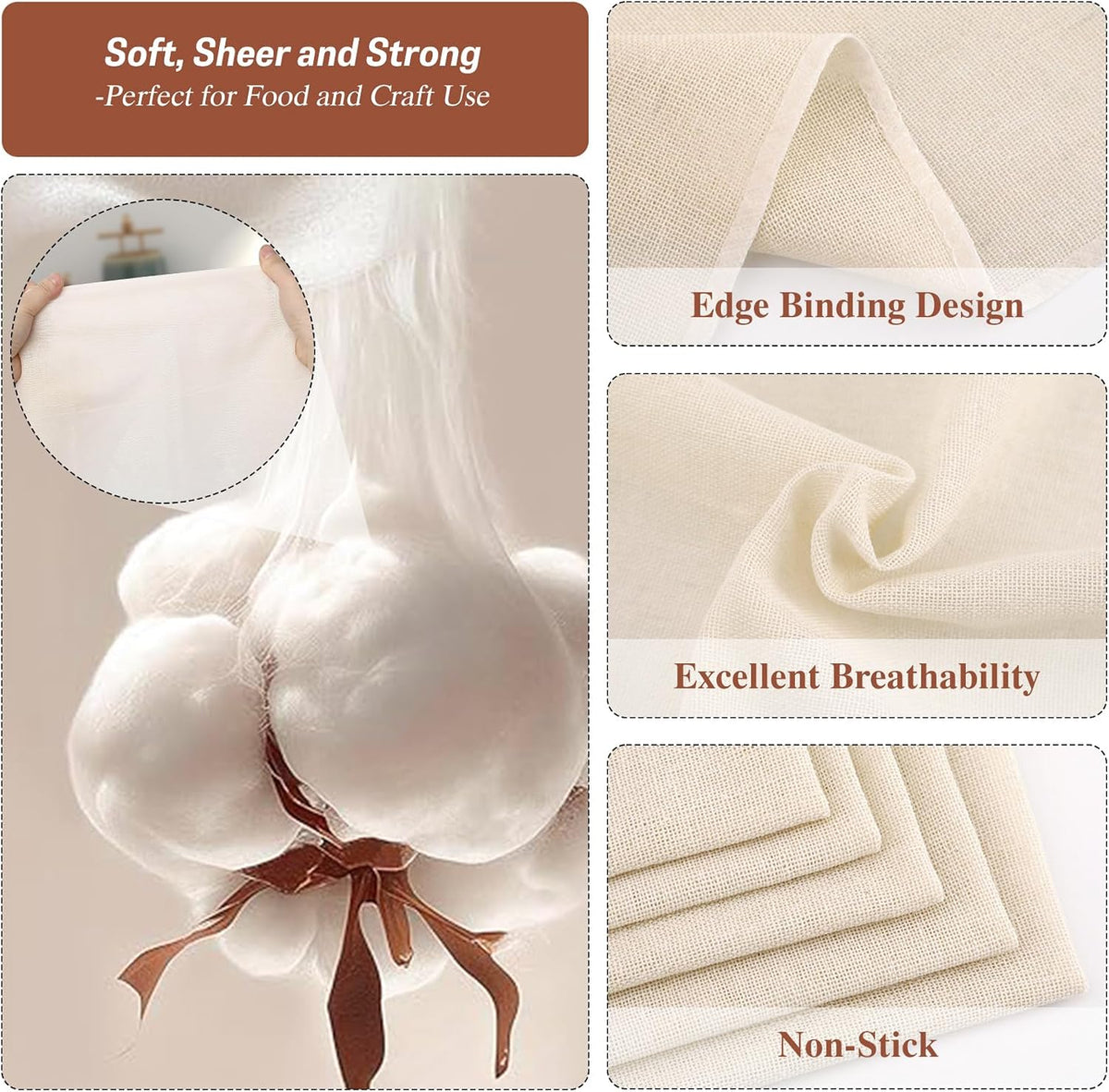 Reusable Cheese Cloths, Organic Cotton Cheese Cloths 20x20 inches, Suitable For Filtering, With Edges, Cheese-Making, Juicing, Baking and Turkey Cooking.