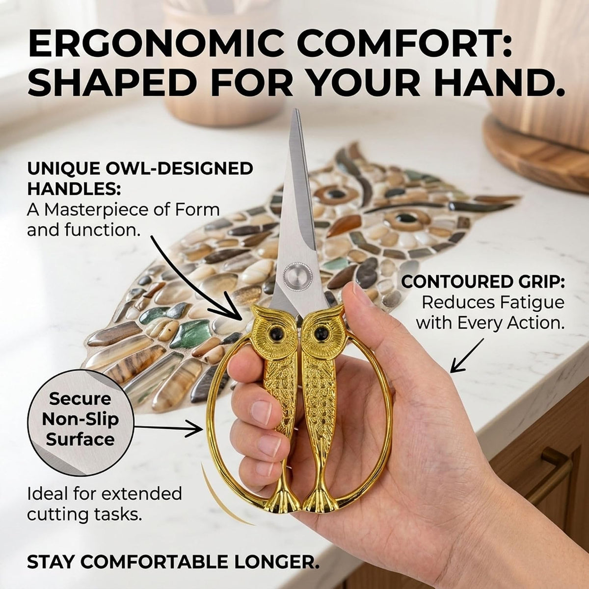 XSNBRD All Purpose Kitchen Scissors, Pearl Gold Stainless Owl Shears.