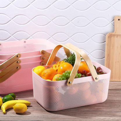 Sadnyy 4 Pcs Plastic Mesh Garden Harvest Basket Storage Basket with Wooden Handle Multi Functional Mesh Bin for Kitchen Cabinet Picnic Fruit Vegetable Gathering Organizer(Large,White)