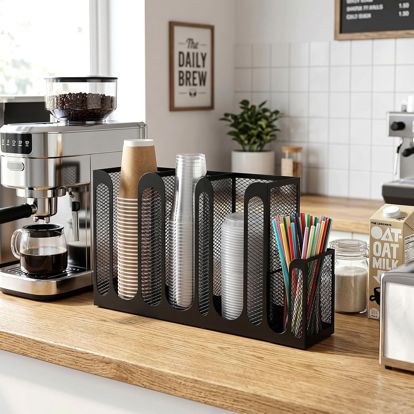 Maxcheck Metal Mesh Cup and Lid Holder Coffee Paper Cup Dispenser Lid Holder Storage Organizer Countertop or Wall Mount for Coffee Bar, Kitchen, Breakroom(4 Compartments,16.1 x 4.1 x 8 Inch)