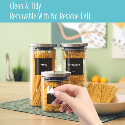 Hebayy 308 Pantry Food Labels, 280 Preprinted Flour Pasta Lentil Grain Condiment Oil Stickers, 28 Blank Ones, Waterproof Oil&Tear Resistant, No Residue for Kitchen Containers Jars(White on Black)