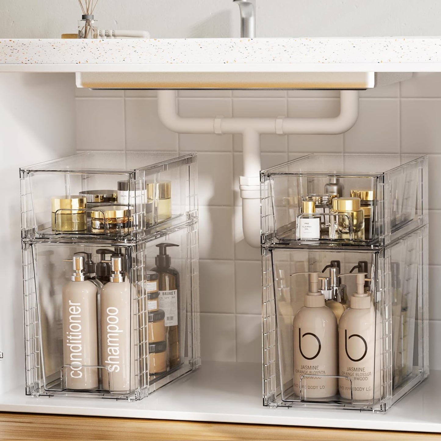 Vtopmart 4Pack Large Stackable Pantry Storage Drawers, Clear Organizer Bins with Handles, Acrylic Drawer Organizers for Kitchen, Pantry, Bathroom Undersink, Cabinet Organization and Storage
