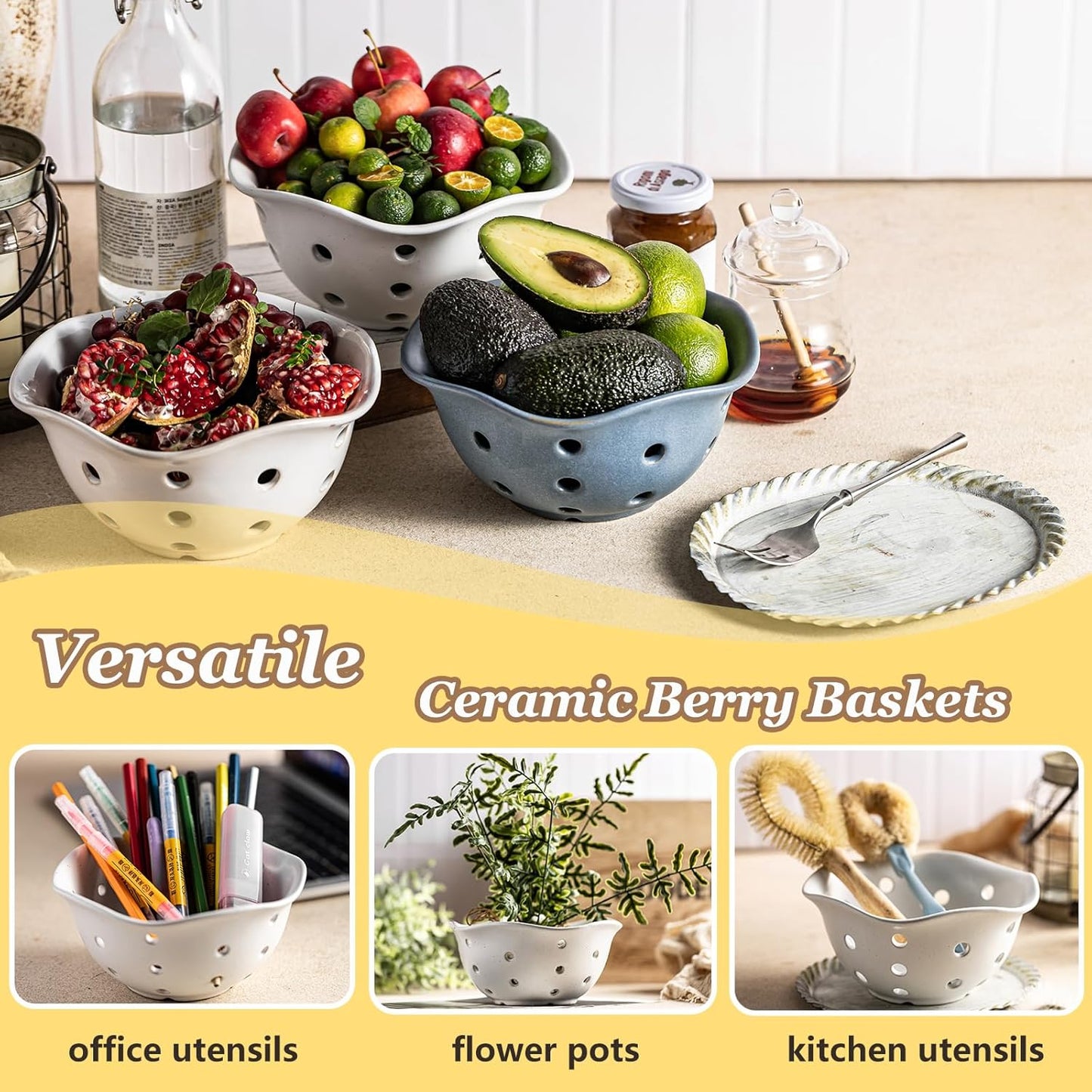Gomakren Berry Bowls with Holes Ceramic, Berry Washing Bowl Basket Set of 2, 5.8 Inch Round Fruit Bowl Storage Containers, Strawberry Baskets, Farmhouse Kitchen Decor, Yellow + Brown