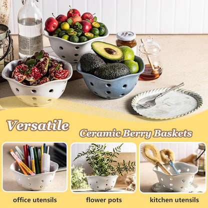 Gomakren Berry Bowls with Holes Ceramic, Berry Washing Bowl Basket Set of 2, 5.8 Inch Round Fruit Bowl Storage Containers, Strawberry Baskets, Farmhouse Kitchen Decor, Yellow + Brown