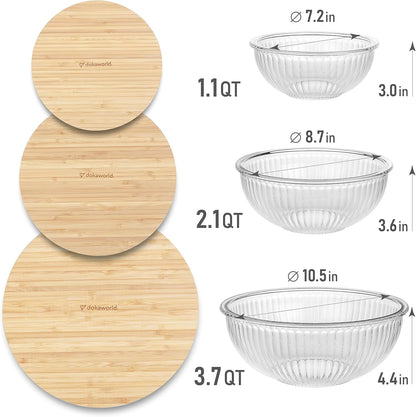 Set of 4 Stackable Space-Saving Nesting Glass Bowls with Airtight Acacia Lids for Lunch, Meal & Food Prep - Microwave & Oven-ready BPA Free Durable Heat Resistant Inert Borosilicate Glass